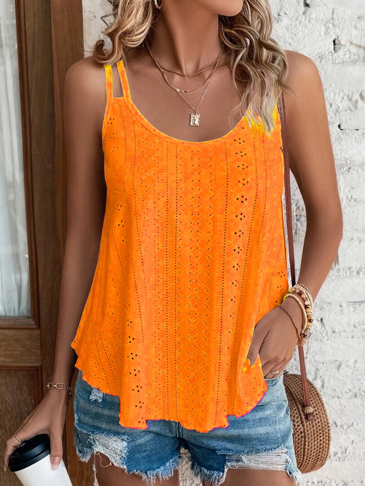 Women Casual Plain Summer Sleveness Eyelet Embroidery Tank Top Cami Top