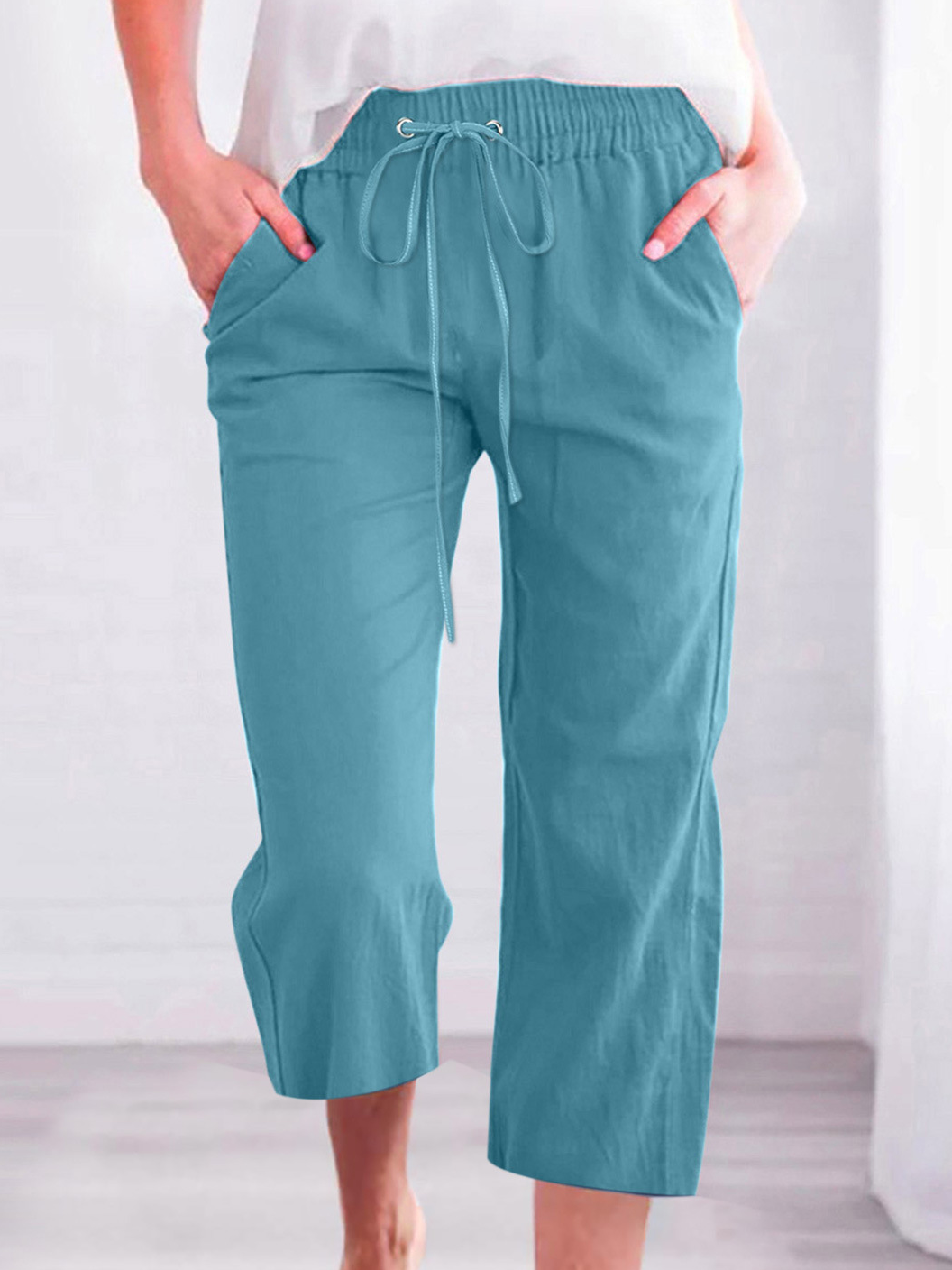 Women's Casual Summer Linen Pants High Waisted Loose Yoga Sweatpants Crop Pants with Pockets