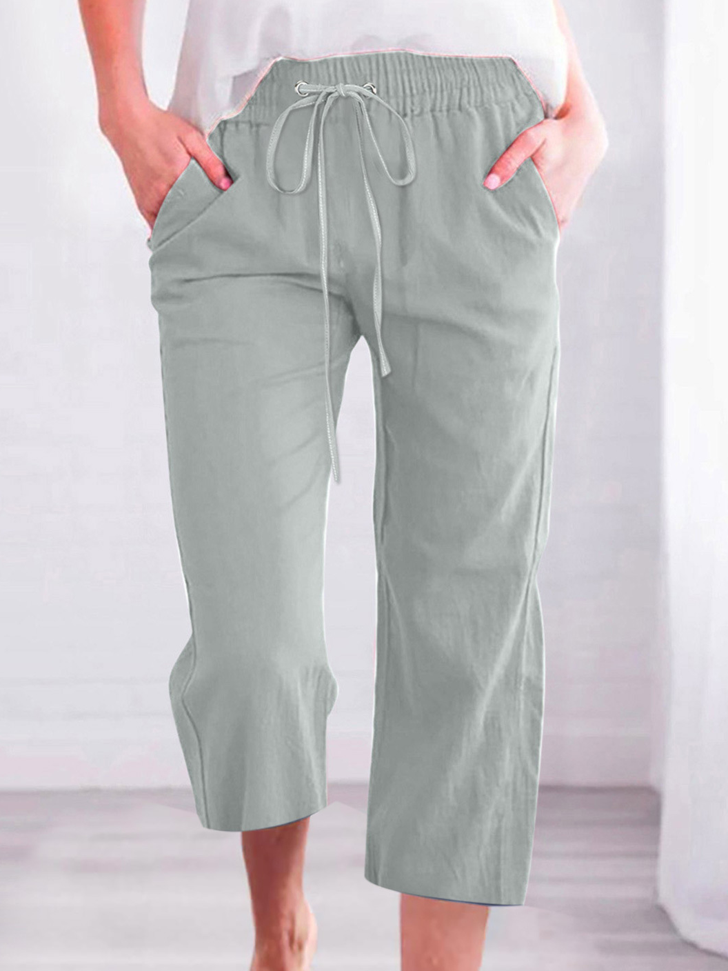 Women's Casual Summer Linen Pants High Waisted Loose Yoga Sweatpants Crop Pants with Pockets