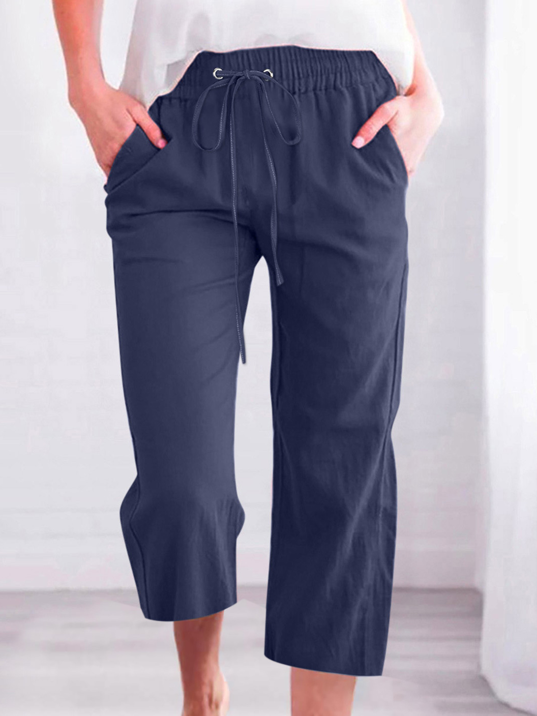 Women's Casual Summer Linen Pants High Waisted Loose Yoga Sweatpants Crop Pants with Pockets