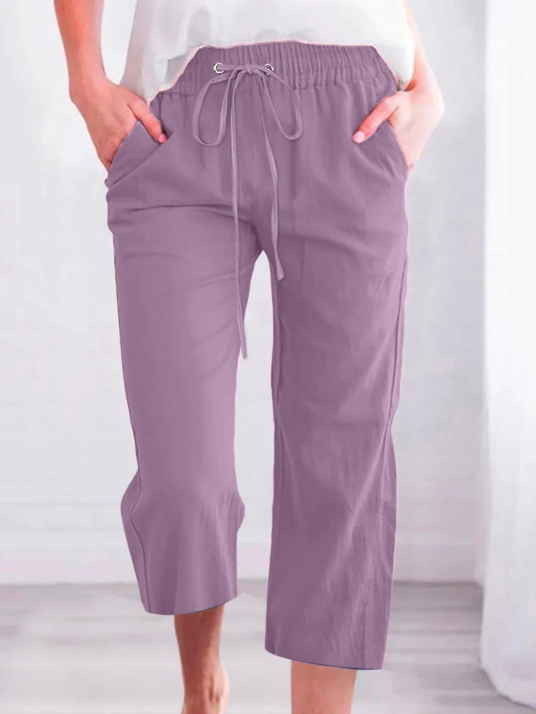 Women's Casual Summer Linen Pants High Waisted Loose Yoga Sweatpants Crop Pants with Pockets