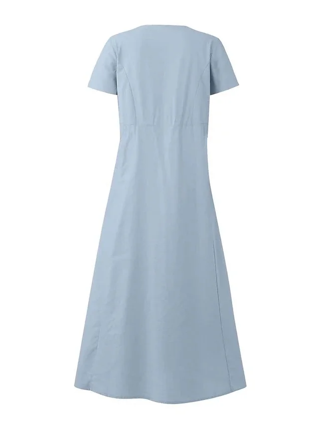 Women Casual Crew Neck Pockets Loose Short Sleeve Blue Summer Dress