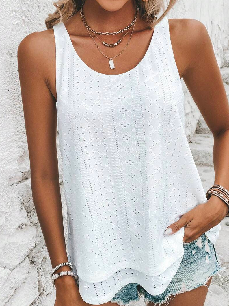 Loose Geometric Elegant Crew Neck Solid Eyelet Embroidery Tank Top ...