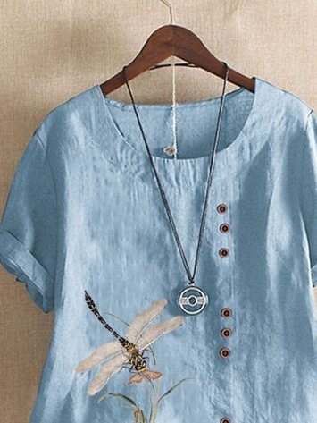 Casual Crew Neck Dragonfly Buttoned Shirt