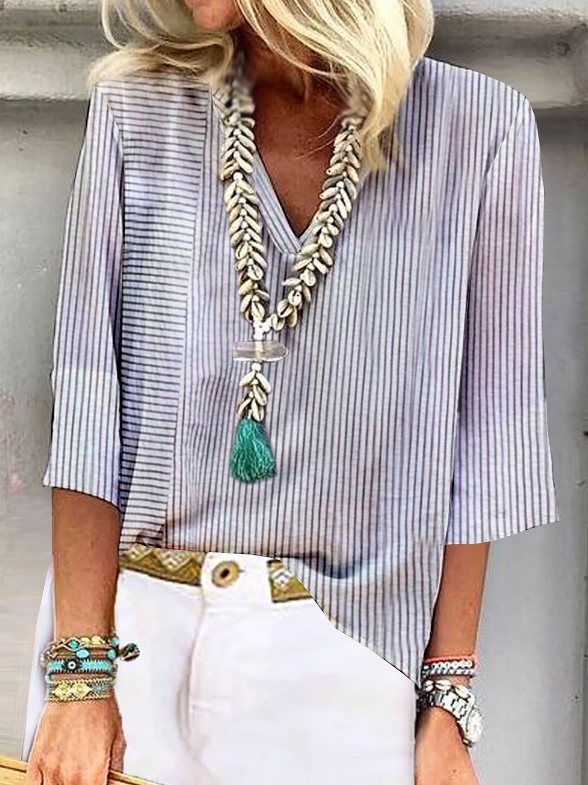 Loose Casual Striped Printed V Neck Blouse