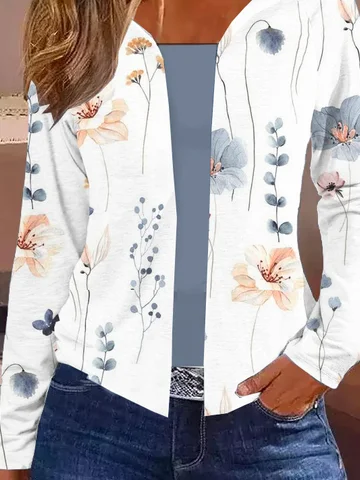 Women Casual Floral Print Long Sleeve Open Front Jacket