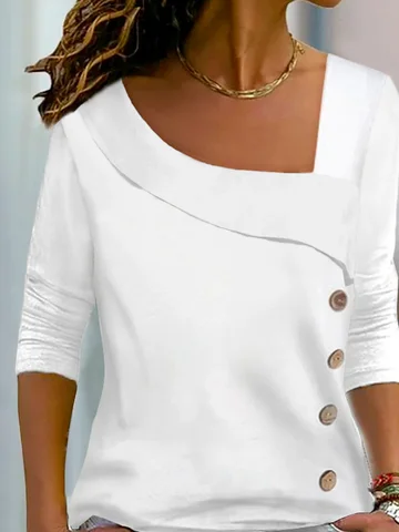 Women Tshirts Tee Casual Asymmetrical Neck Buttoned Long Sleeve Top