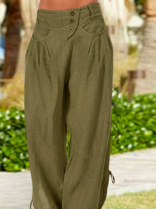 Casual Button Fly Dual Pocket Drawstring Wide Leg Pants