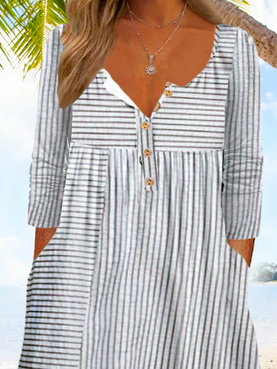Half Open Collar Striped Casual Dress With No