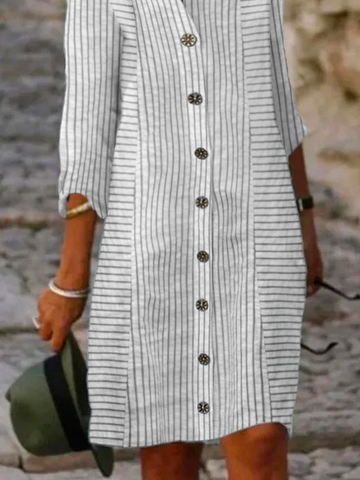 Women Casual Striped Loose Three Quarter Sleeve Button Down Shirt Dress