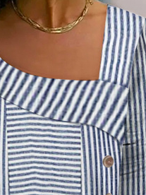 Women Casual Stripe Asymmetrical Neck Buttoned Long Sleeve Top