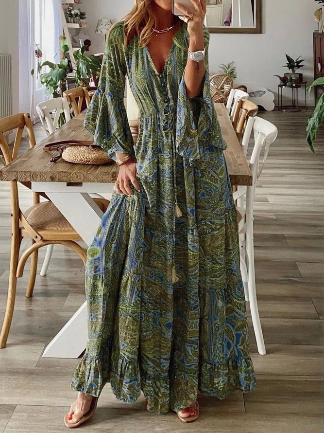 V Neck Boho Dress With No