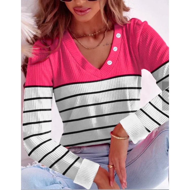 Striped Buckle Casual V Neck Shirt