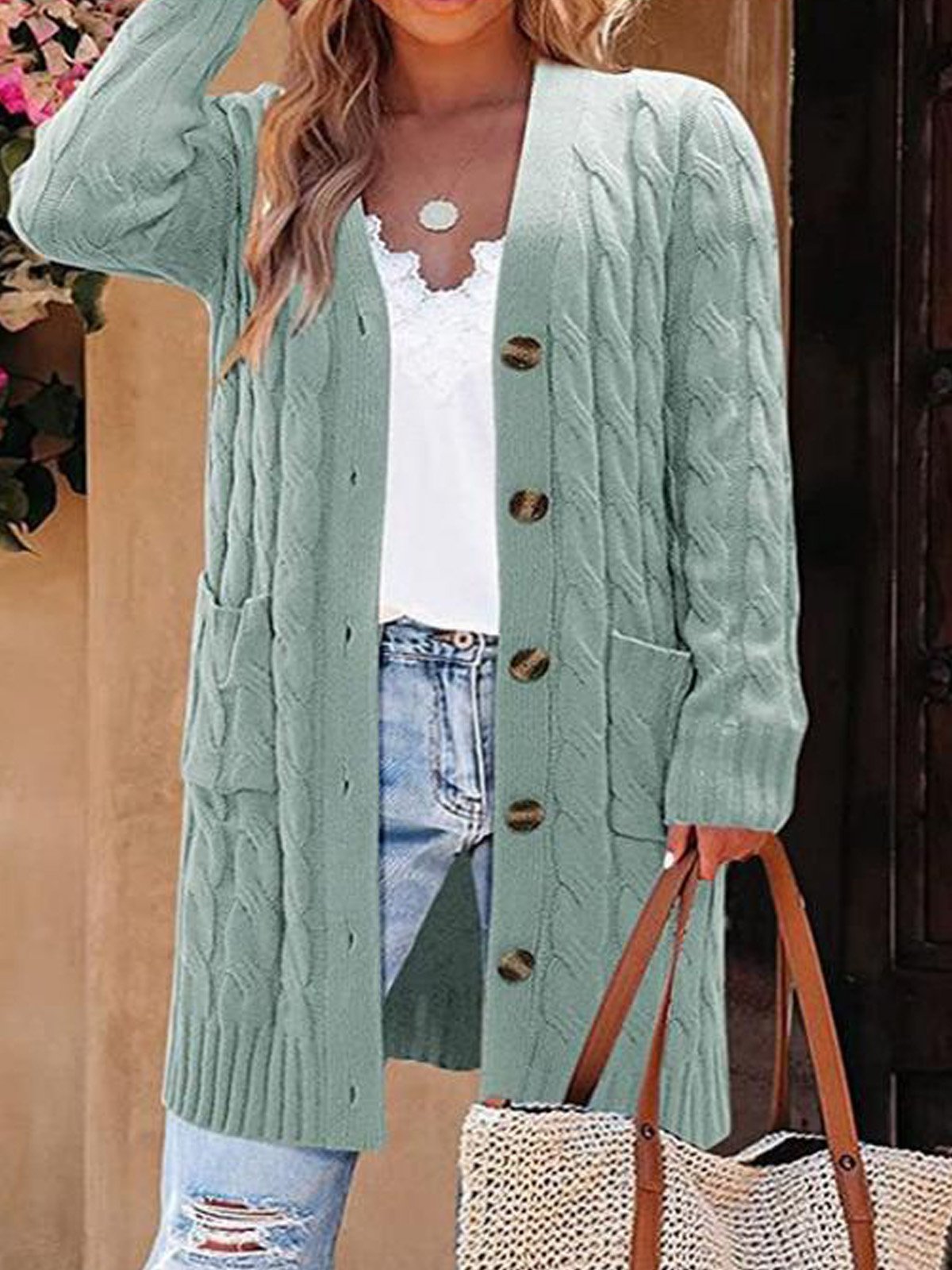 Crew Neck Casual Plain Loose Cardigan Roselinlin