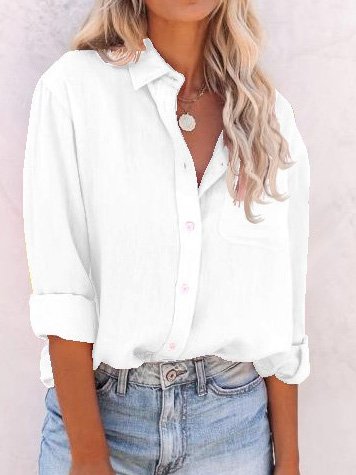 Cotton-Blend Loose Casual Shirt Collar Blouse