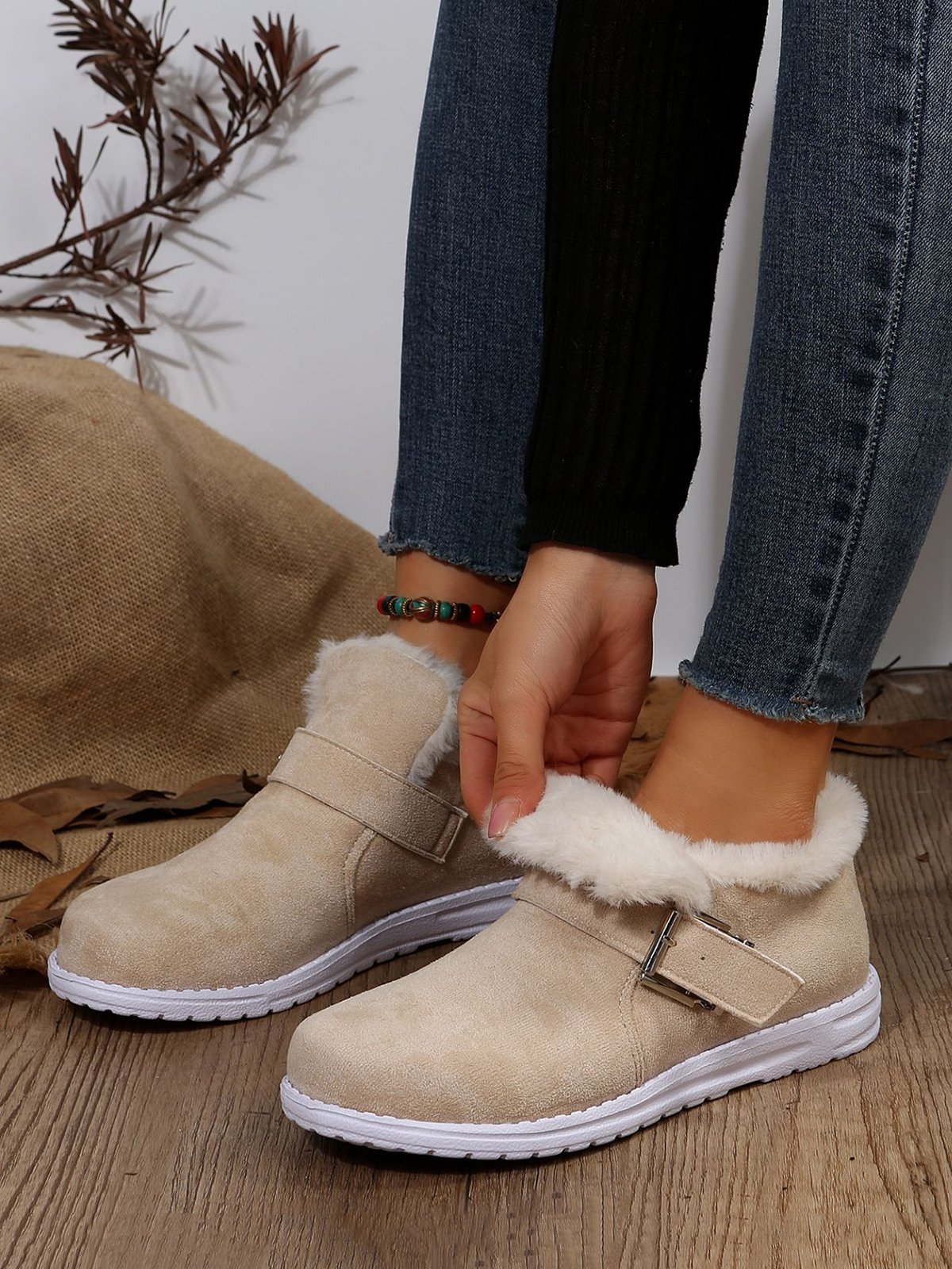 Casual Buckle Decor Winter Faux Fur Lined Ankle Boots