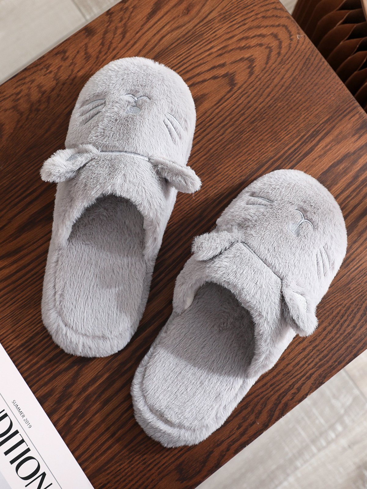 Cartoon Cat Design Embroidery Slip-on Fluffy Home Slippers