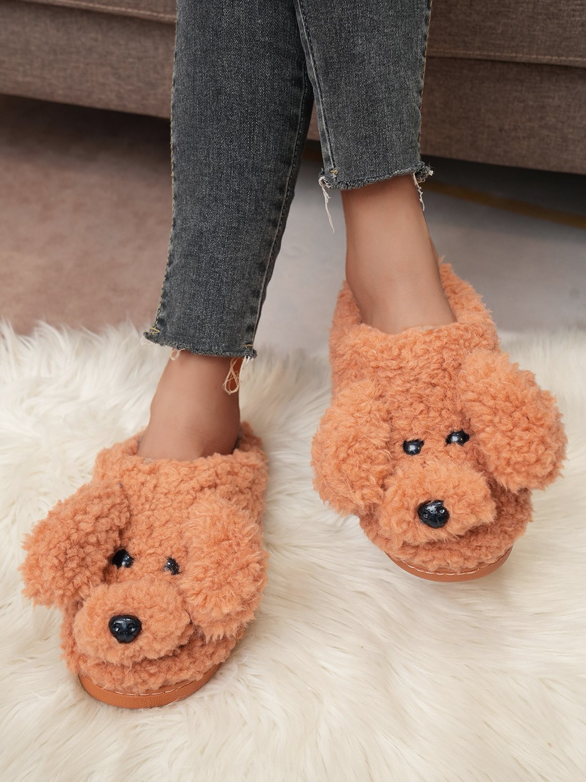Casual Cartoon Dog Fluffy Toe-covered Slippers