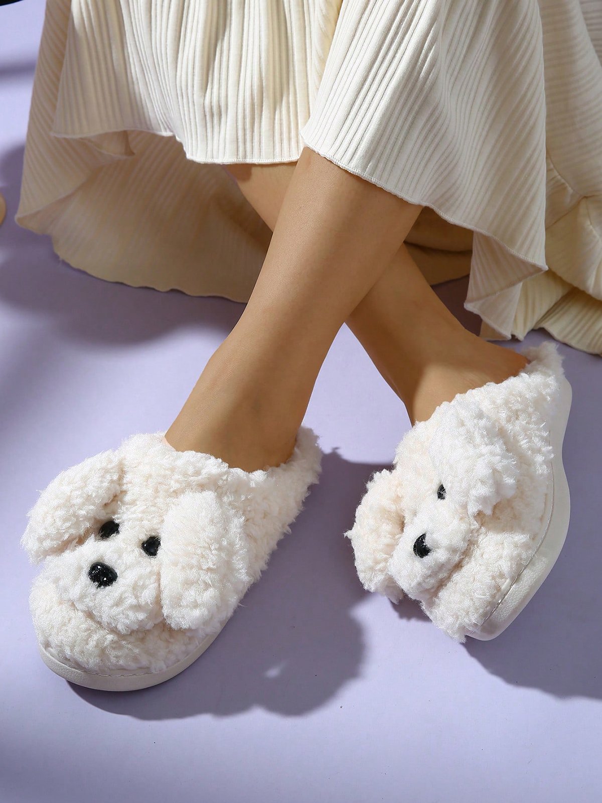 Casual Cartoon Dog Fluffy Toe-covered Slippers
