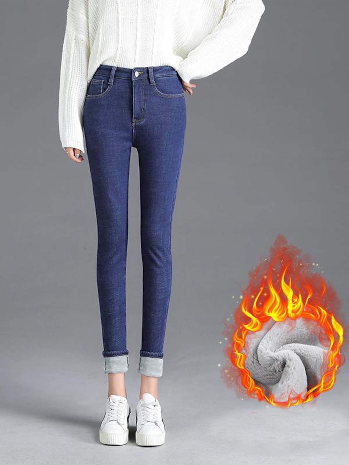 Casual Plain Fluff/Granular Fleece Fabric Jeans Plush color has many colors