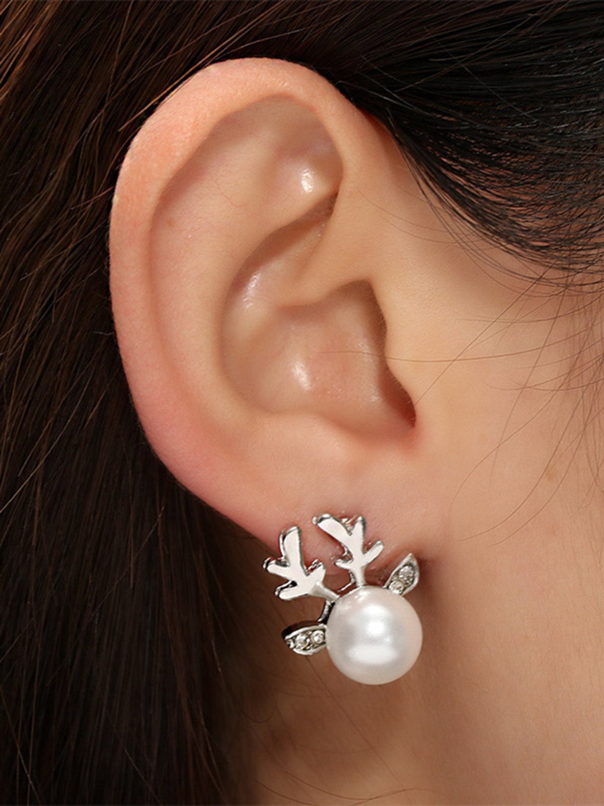 Christmas Elegant Imitation Pearl Antler Rhinestone Stud Earrings