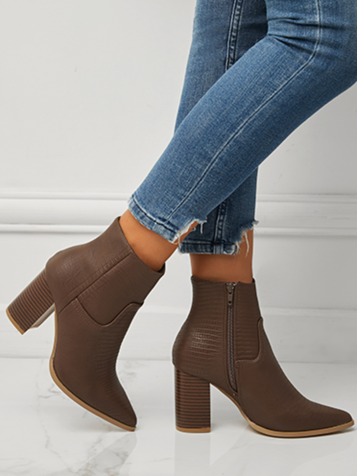 Women Minimalist Embossed Chunky Heel Boots