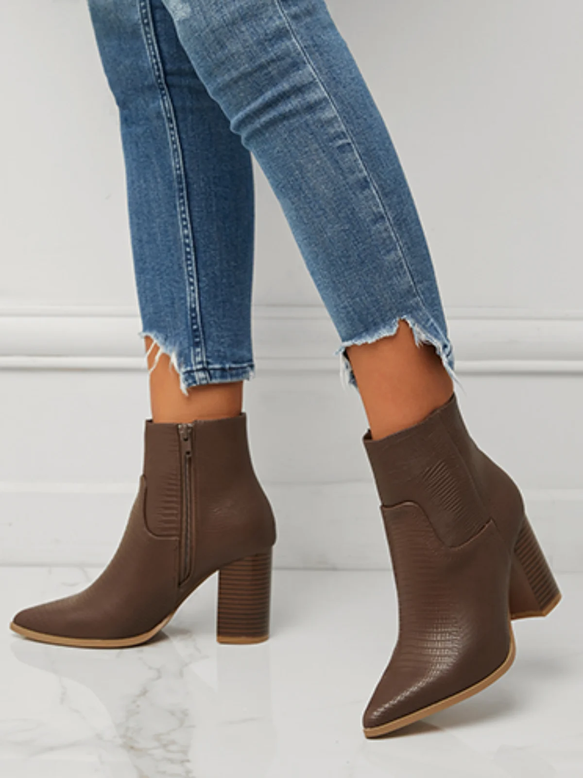 Women Minimalist Embossed Chunky Heel Boots