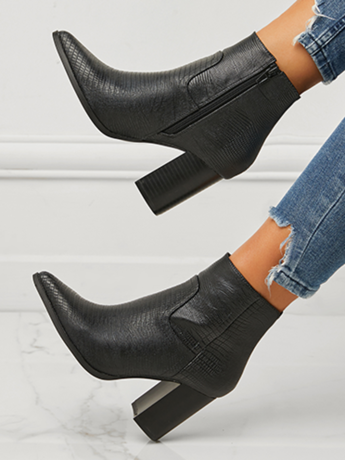 Women Minimalist Embossed Chunky Heel Boots