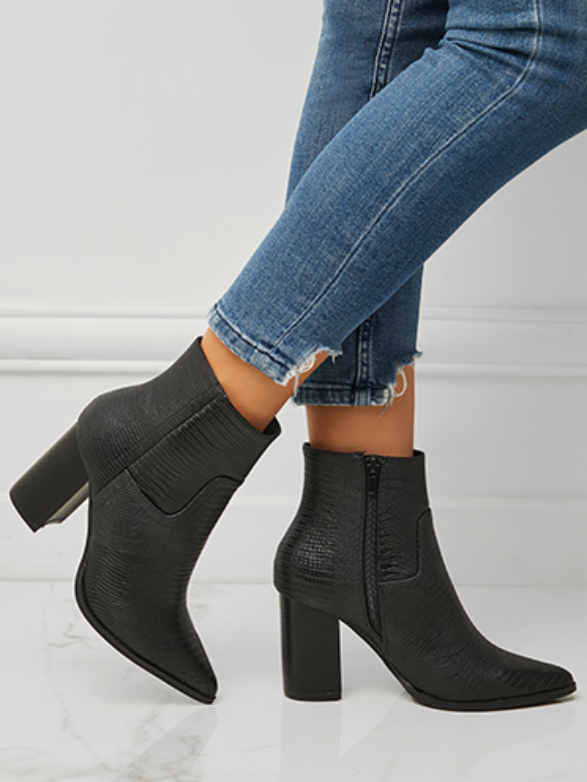 Women Minimalist Embossed Chunky Heel Boots