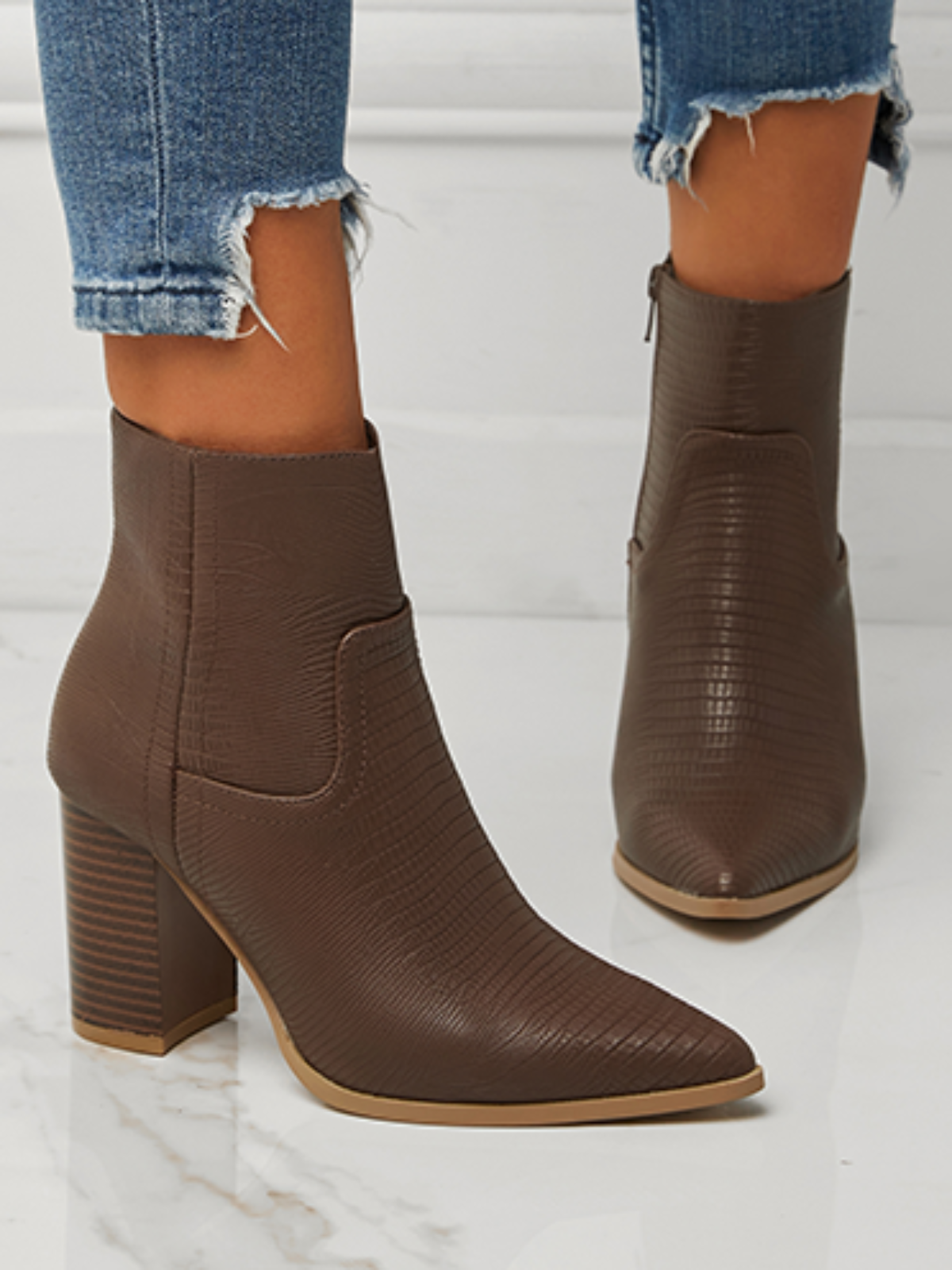 Women Minimalist Embossed Chunky Heel Boots