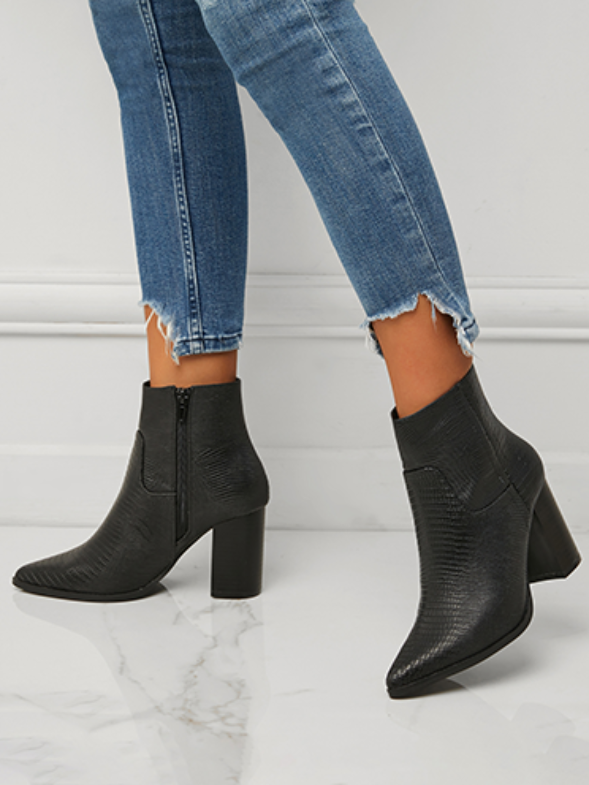 Women Minimalist Embossed Chunky Heel Boots