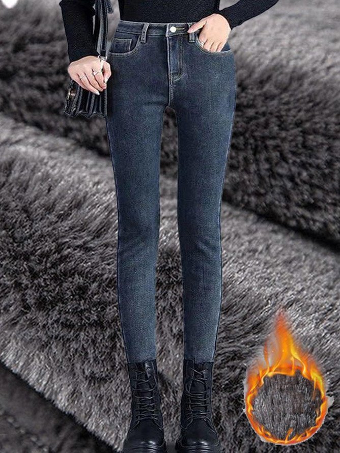 Casual Plain Fleece Tight Jeans
