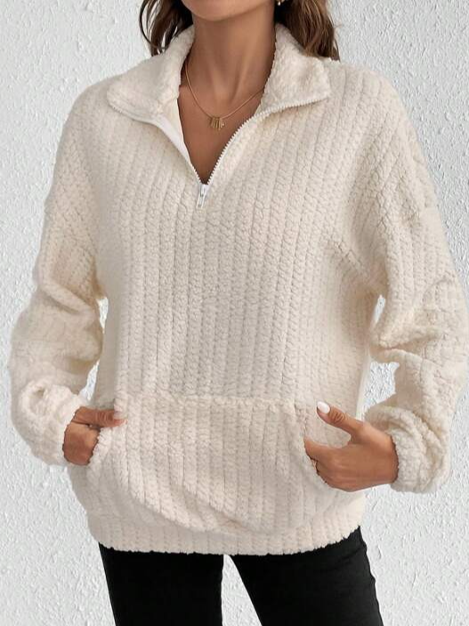 Warmth Fleece Plain Pockets Zipper Jacquard Long Sleeve Casual Sweatshirt