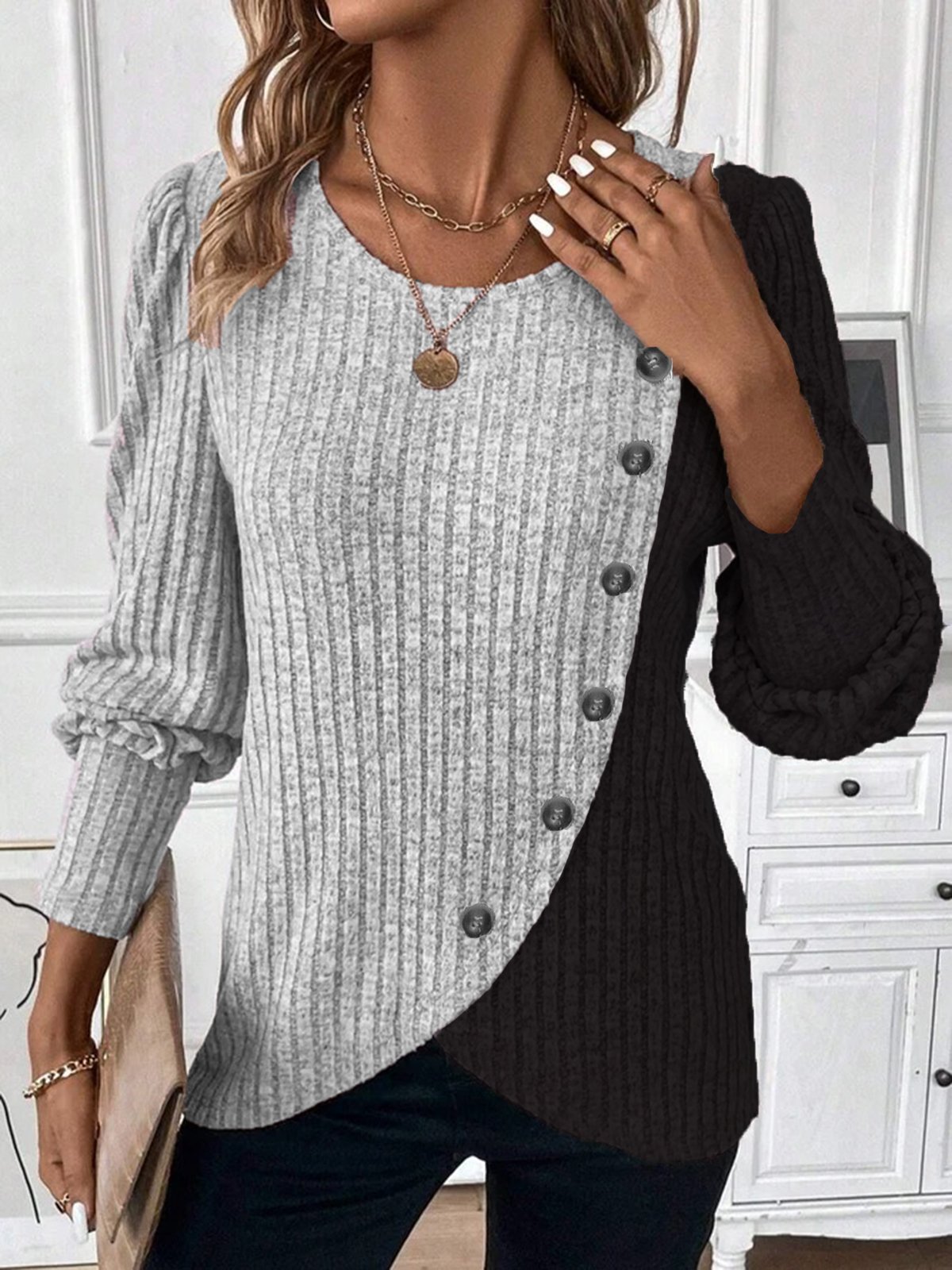 Crew Neck Color Block Casual Loose Shirt