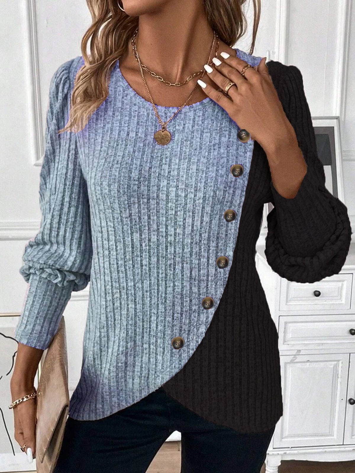 Crew Neck Color Block Casual Loose Shirt