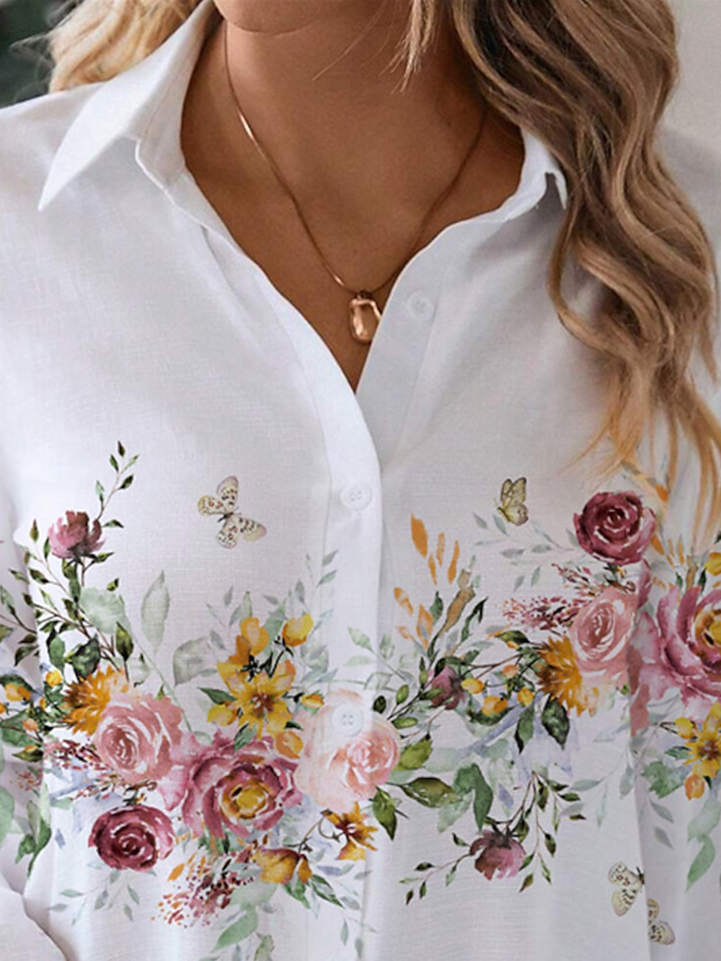 Casual Shawl Collar Loose Floral Blouse