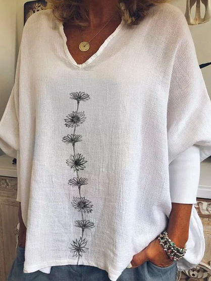 Women Cotton Linen Tops Long Sleeve Loose Blouse Graphic Daisy Print T Shirt for Spring Summer