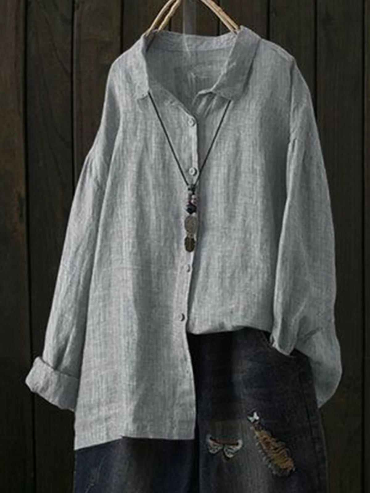 Women's Shirt Blouse Linen Plain Gray Casual Basic Button Long Sleeve Linen and Cotton 