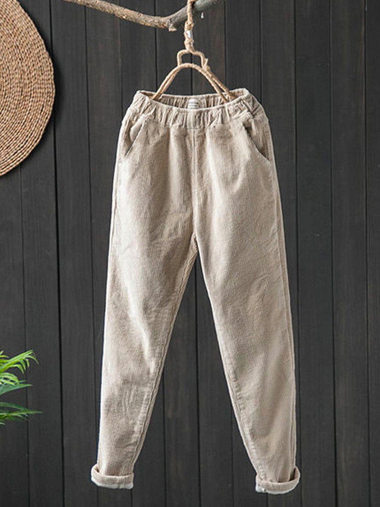 Fleece Plain Corduroy Casual Pants
