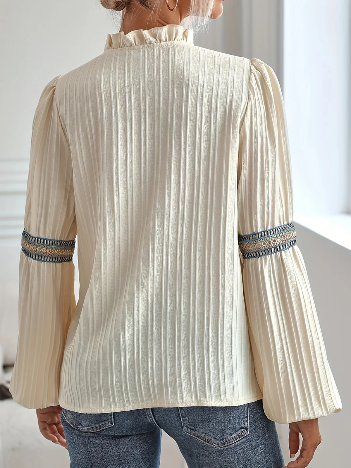 Lantern Sleeve Loose Simple Plain Lace Shirt