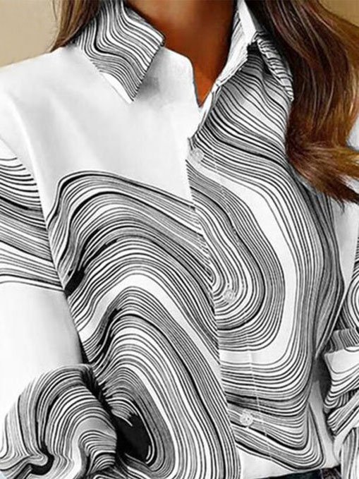 Women's Shirt Blouse Abstract Stripes Print Casual Black White Print Button Long Sleeve Basic Shirt Collar Regular Fit Spring Fall