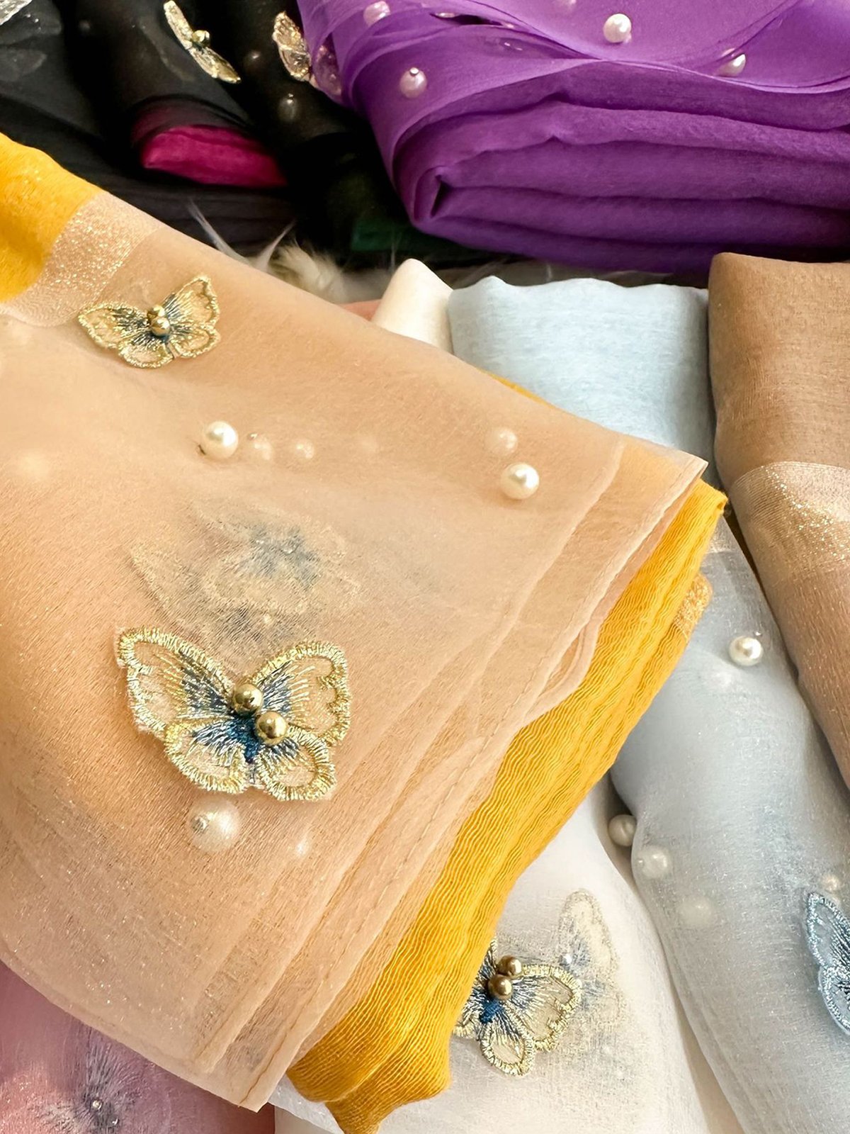 Elegant Butterfly Embroidery Beaded Lightweight Imitation Silk Scarf