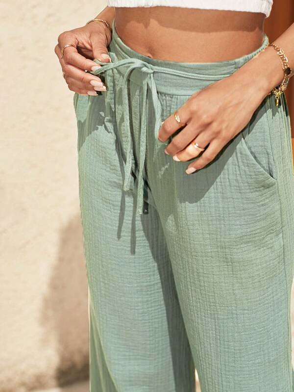 Women's Cotton Drawstring Elastic High Waist Wide Leg Casual Trousers with Wide Leg for Women and Elastic Waist Casual Daily Summer Spring Beach Pants