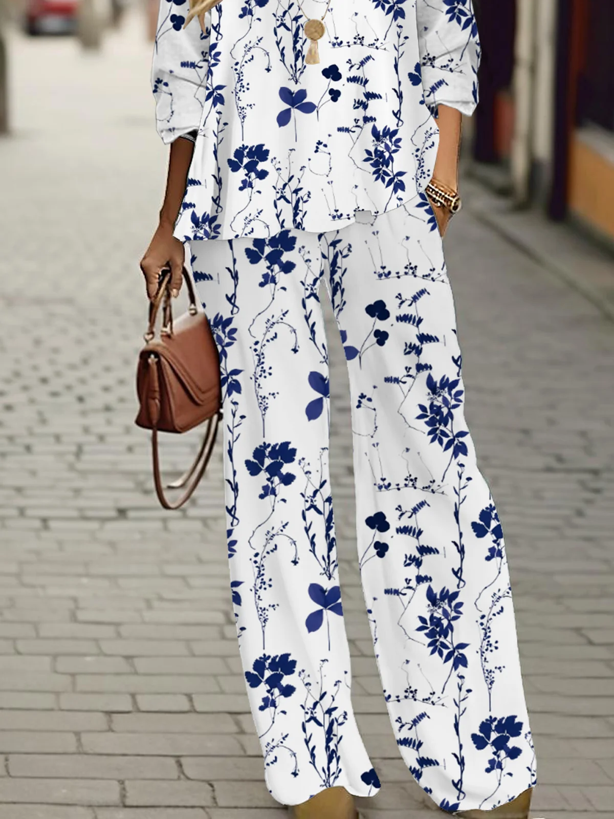 Floral Casual Loose V Neck Two-Piece Set