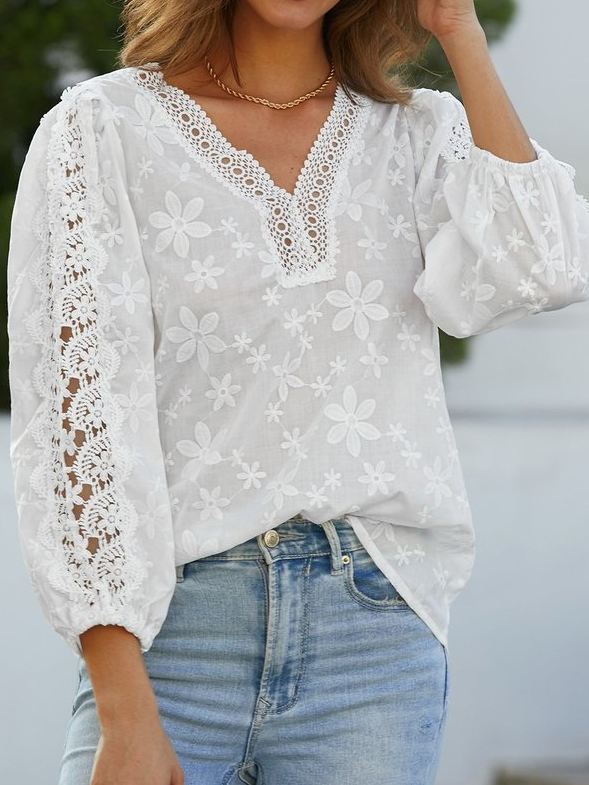 Women White Elegant Floral Hollow Out Lace Cotton Linen Long Sleeve Blouse