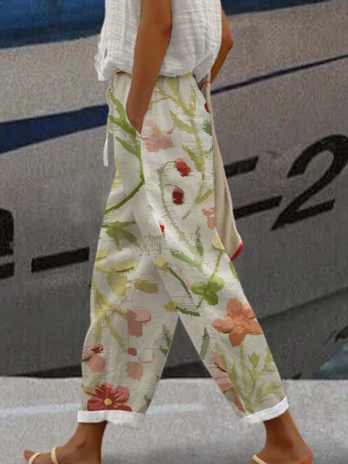 Women's Wide Leg Linen Pants Floral Print Pants Trousers Full Length Faux Linen Side Pockets Baggy Fashion Casual Weekend