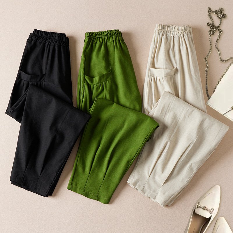 Women's Slacks Baggy Cropped Pants Linen Plain Pocket Baggy Micro-elastic Waist Streetwear Casual Vacation Casual Daily Summer Spring