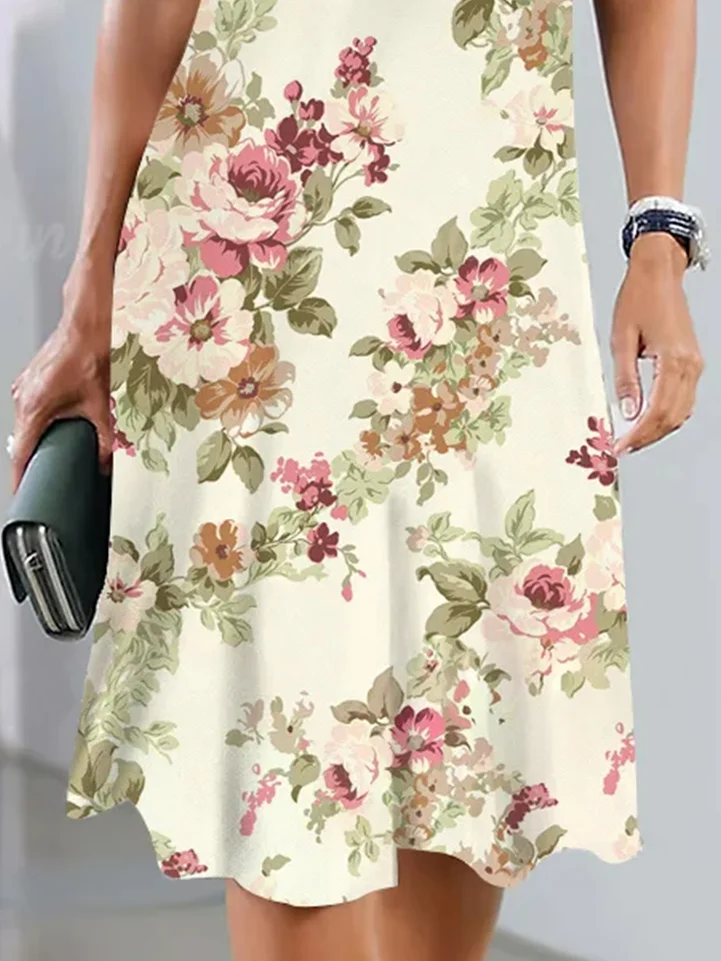 Cotton-Blend Elegant Floral Loose Dress