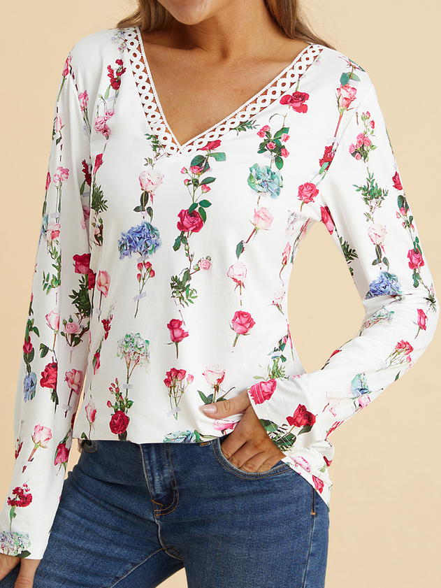Women V Neck Lace Edge Floral Holiday Long Sleeve Top