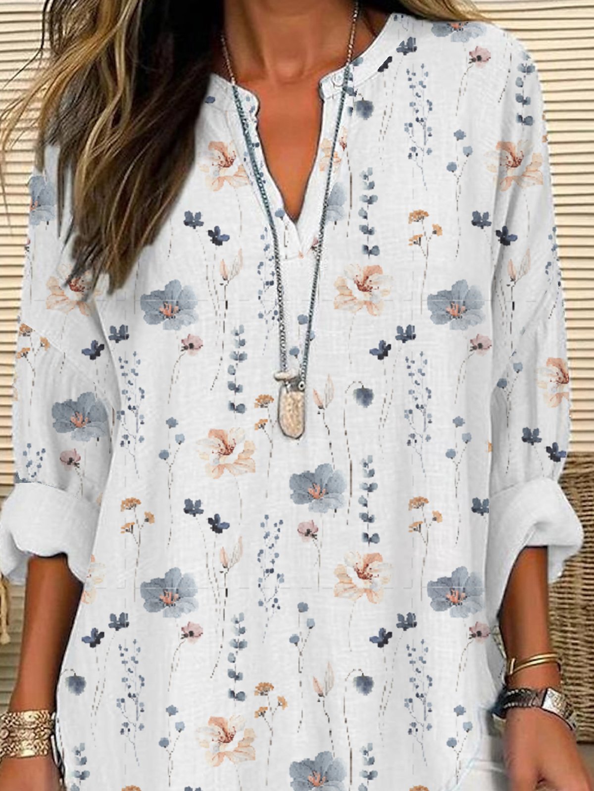 Loose Floral Notched Casual Shirt